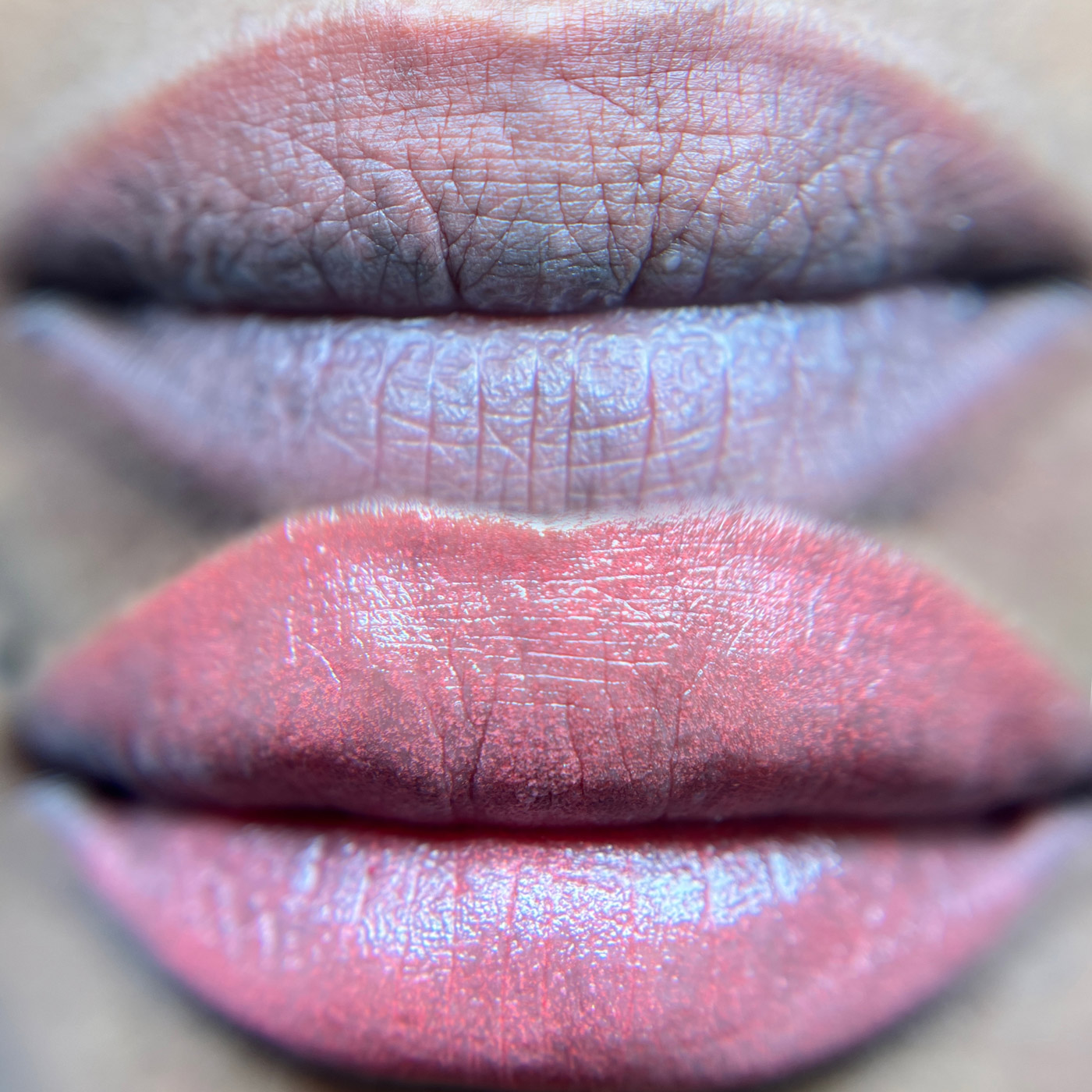 Lips before and after lip blush tattooing, from Gabrielle's previous studio