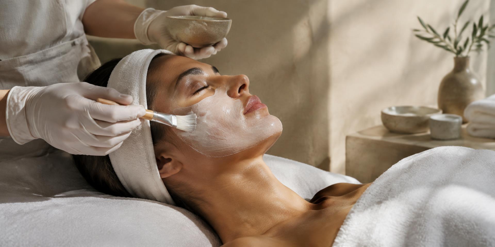 A therapist brushing a hydrating mask onto a relaxed client's skin